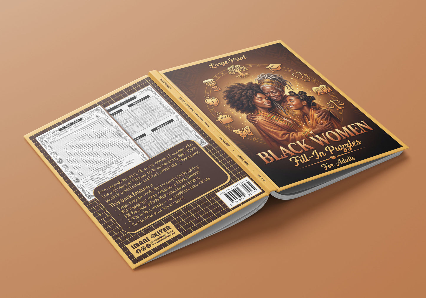 Black Women Fill-In Puzzles Book front and back cover with book features and sample puzzle and solution pages by Imani Oliver