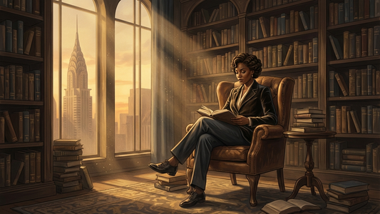 Art Deco illustration of a person reading among stacks of books in a warm library with golden light