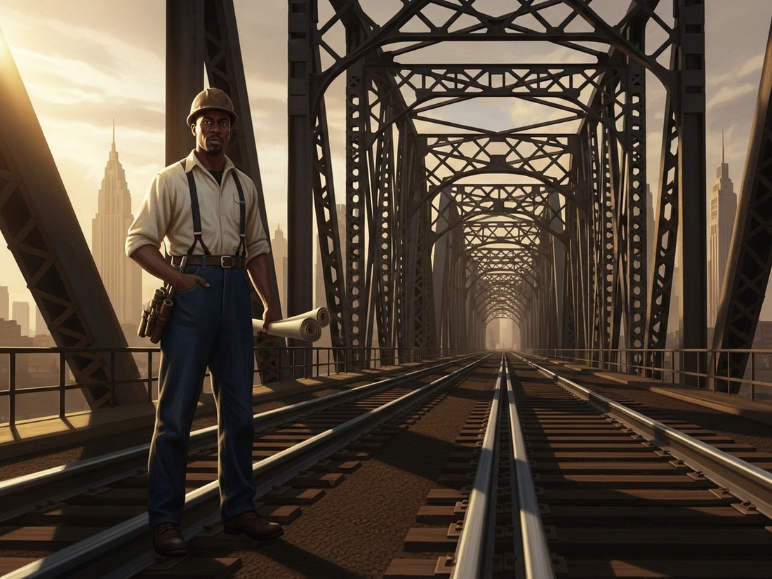 African American engineer standing in front of a railroad bridge in the 1920s