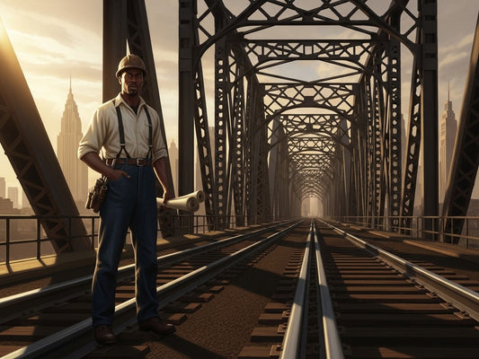 African American engineer standing in front of a railroad bridge in the 1920s