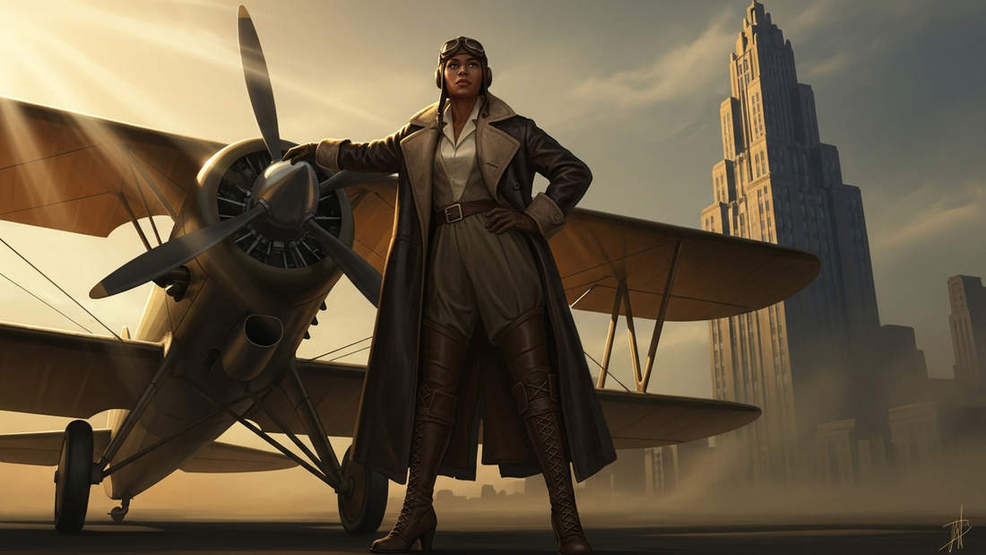 Art Deco style portrait of Bessie Coleman, the first African American woman pilot, standing beside a 1920s biplane