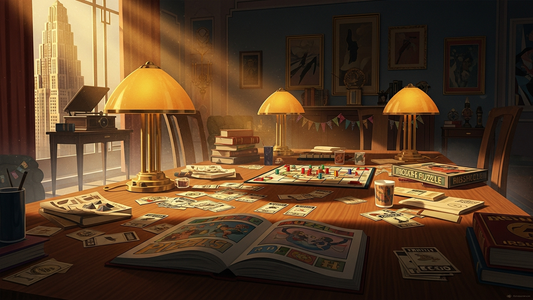 Art Deco illustration of an elegant game night table setup with puzzle books, trivia cards, and warm golden lighting