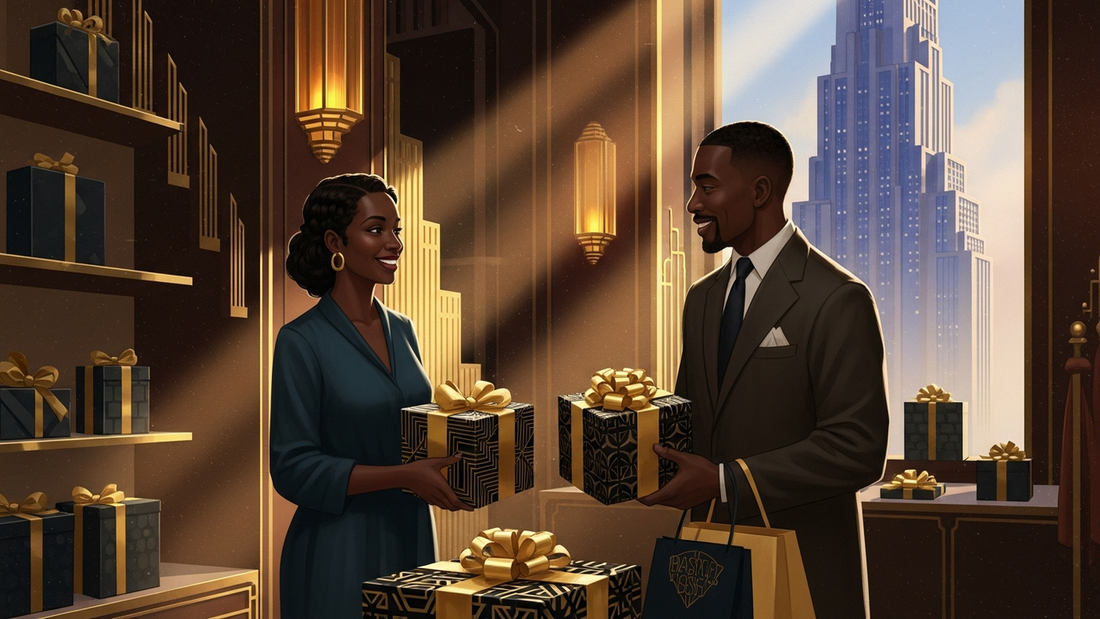 Best Black-Owned Gifts - Black couple exchanging beautifully wrapped gifts in Art Deco style