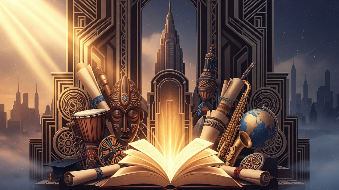 Art Deco illustration celebrating Black education and culture with golden books, cultural artifacts, and geometric patterns