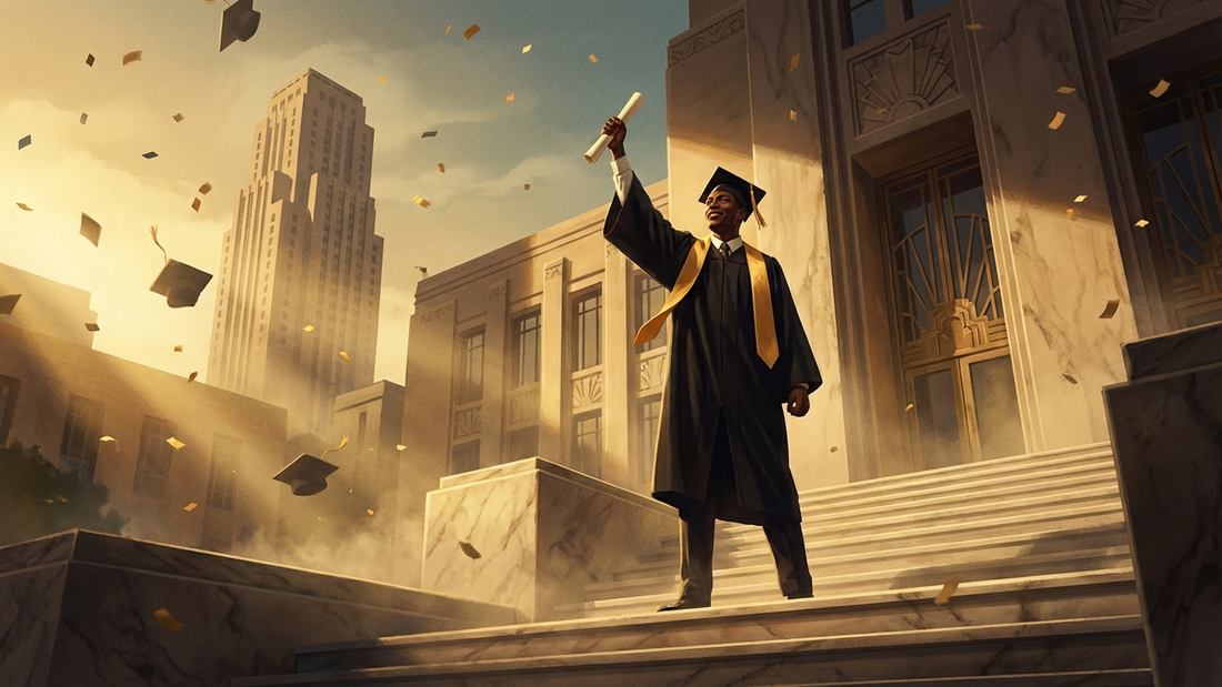 Art Deco illustration of a proud Black graduate holding diploma on university steps with golden light