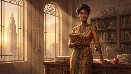 Art Deco illustration of a Black teacher standing confidently in a classroom with golden light and bookshelves
