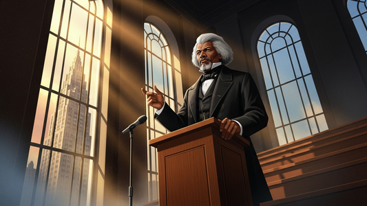 Art Deco illustration of Frederick Douglass standing at a podium delivering an abolitionist speech, golden hour lighting with Art Deco skyscraper in background