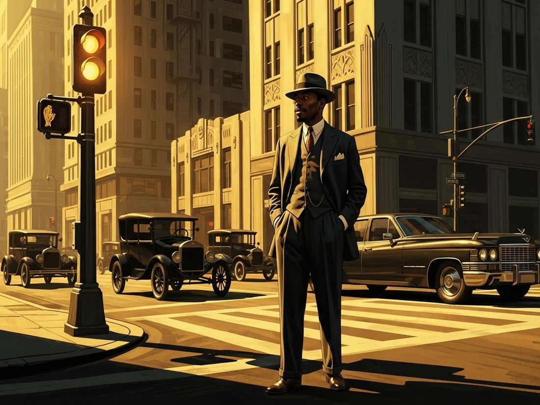 African American inventor on a 1920s city street with a traffic light