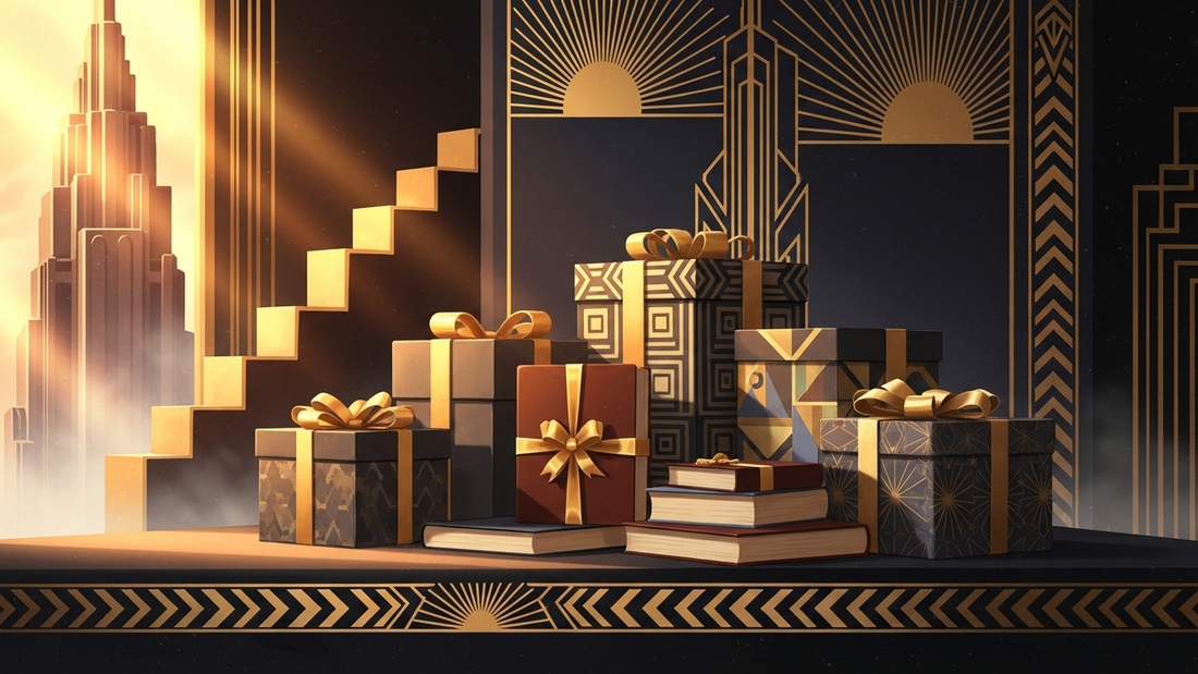 Art Deco illustration of wrapped gift books and boxes in gold and black palette with geometric patterns