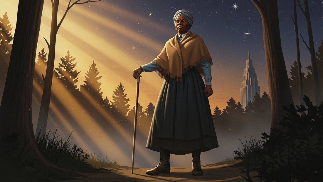 Art Deco style illustration of Harriet Tubman standing confidently on a forest trail at night with the North Star above