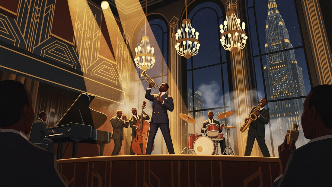 Art Deco illustration of a 1920s New Orleans jazz club with Black musicians performing on stage