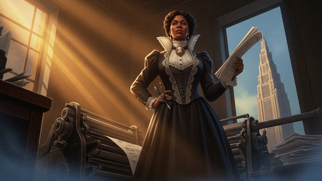 Art Deco illustration of Ida B. Wells, American journalist and civil rights activist, standing confidently with a newspaper and pen