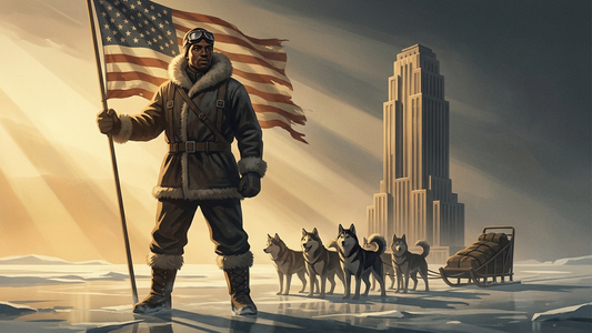Art Deco illustration of Matthew Henson, African American Arctic explorer, standing on ice with American flag and sled dogs