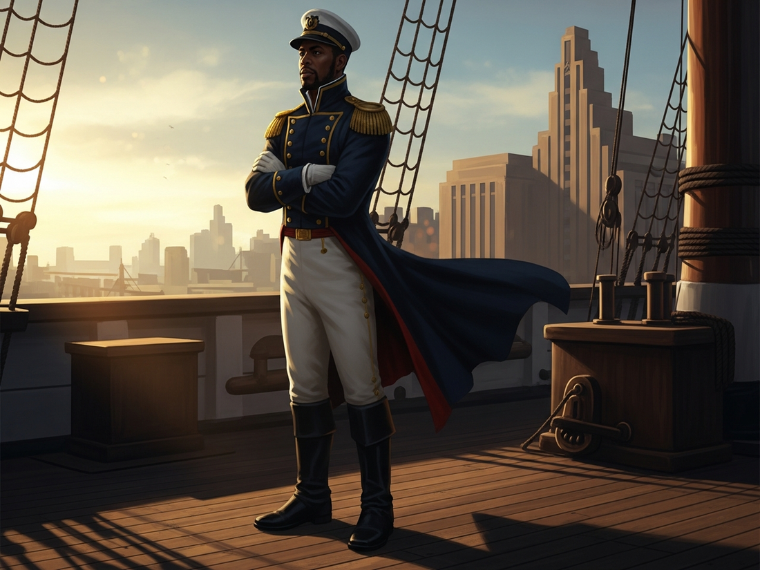 Robert Smalls standing heroically on a ship deck in naval uniform