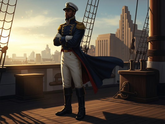 Robert Smalls standing heroically on a ship deck in naval uniform