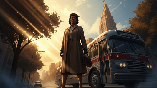 Art Deco illustration of Rosa Parks standing beside a 1950s Montgomery Alabama city bus