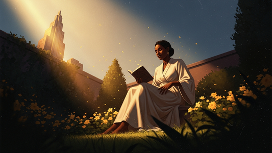 Art Deco illustration of a Black woman practicing self-care reading in a sunlit garden with golden light