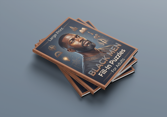 Black Men Fill-In Puzzles Book front cover featuring illustrated Black man with cultural symbols by Imani Oliver