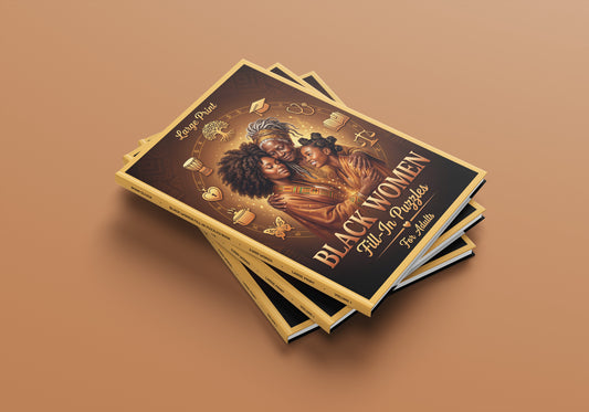 Black Women Fill-In Puzzles Book front cover featuring illustrated Black woman with cultural symbols by Imani Oliver