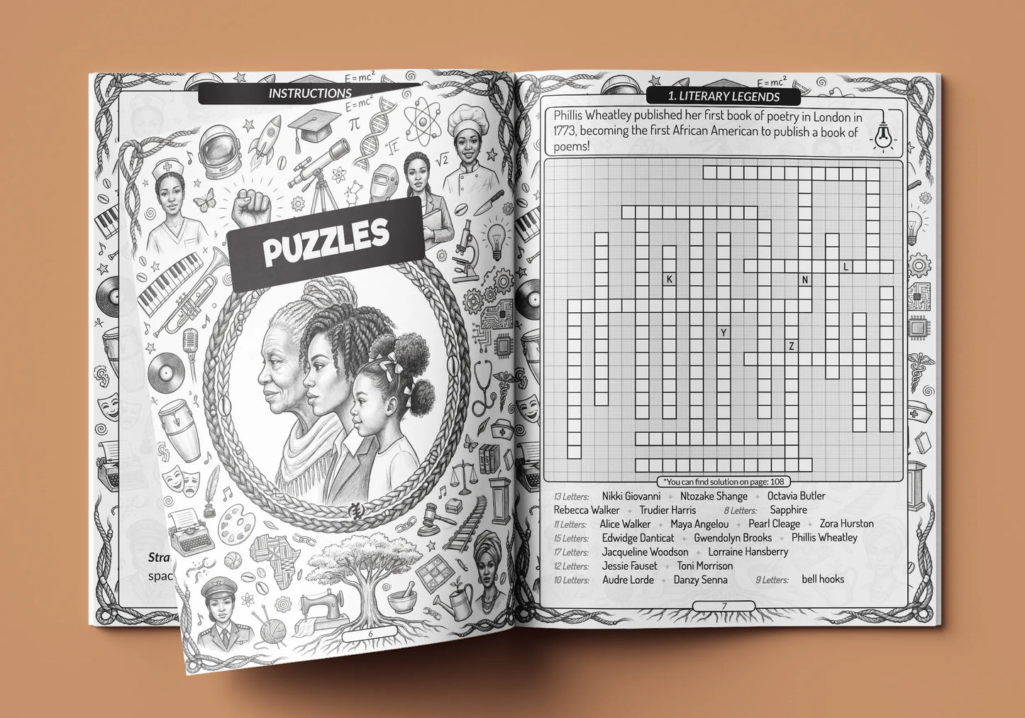 Black Women Fill-In Puzzles interior page showing themed fill-in grid with word list and educational fact