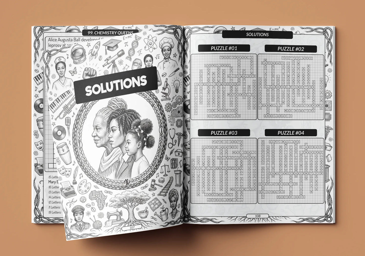 Black Women Fill-In Puzzles solution page showing completed fill-in grid