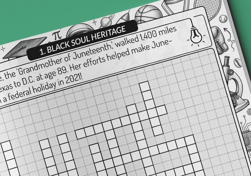 African American fill-in puzzle book page with themed crossword grid and cultural word bank for adults by Imani Oliver
