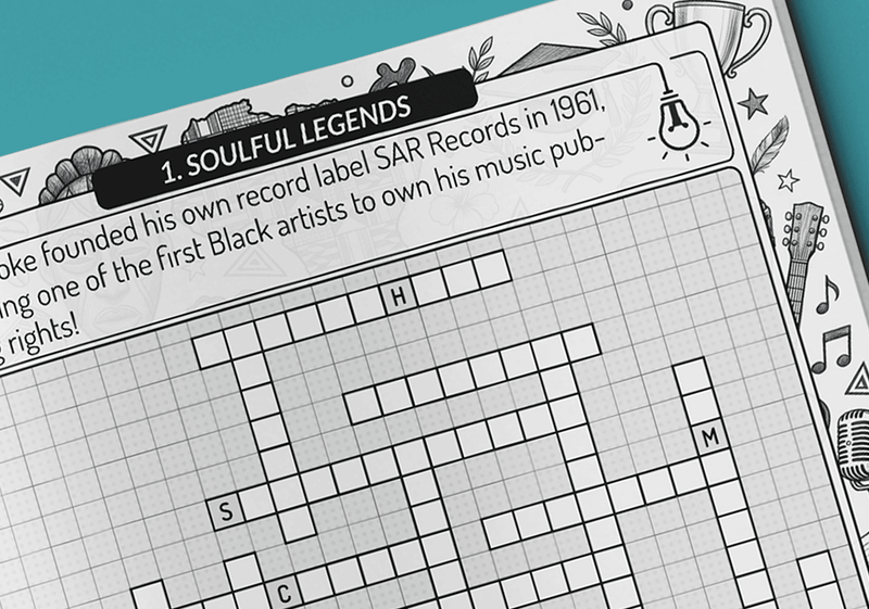 Black Culture fill-in puzzle book page with themed crossword grid and cultural word bank for adults by Imani Oliver
