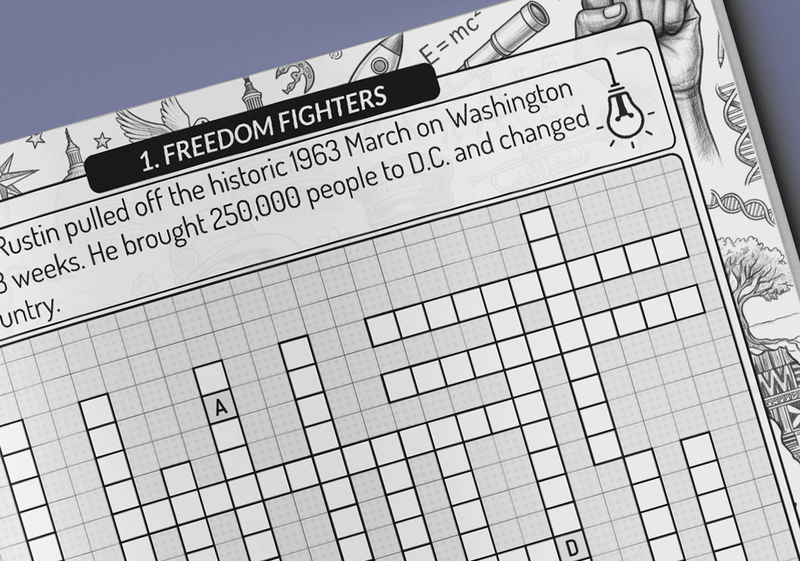 Black History fill-in puzzle book page with themed crossword grid and cultural word bank for adults by Imani Oliver
