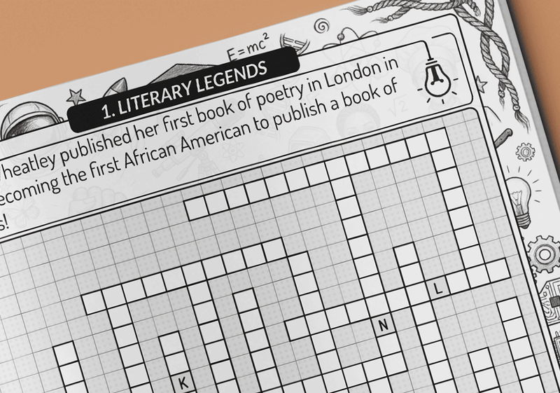 Black Women fill-in puzzle book page with themed crossword grid and cultural word bank for adults by Imani Oliver
